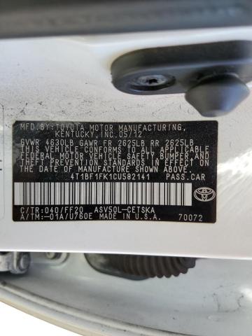 4T1BF1FK1CU582141 - 2012 TOYOTA CAMRY BASE WHITE photo 12