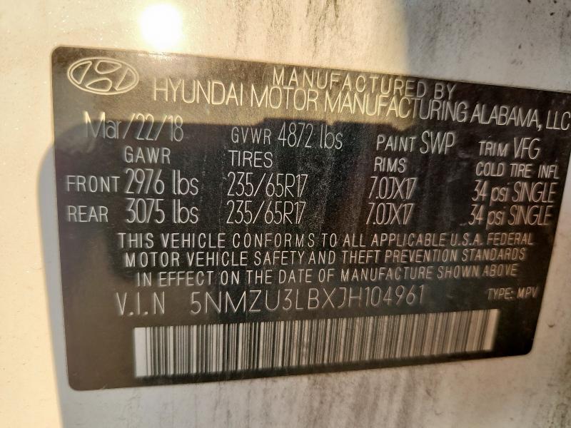 5NMZU3LBXJH104961 - 2018 HYUNDAI SANTA FE S WHITE photo 13