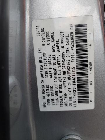 1HGCP2F43CA011315 - 2012 HONDA ACCORD LXP SILVER photo 12