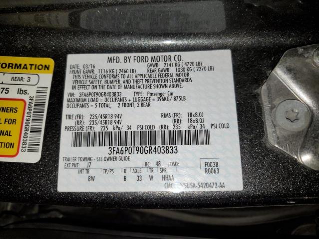 3FA6P0T90GR403833 - 2016 FORD FUSION SE GRAY photo 12