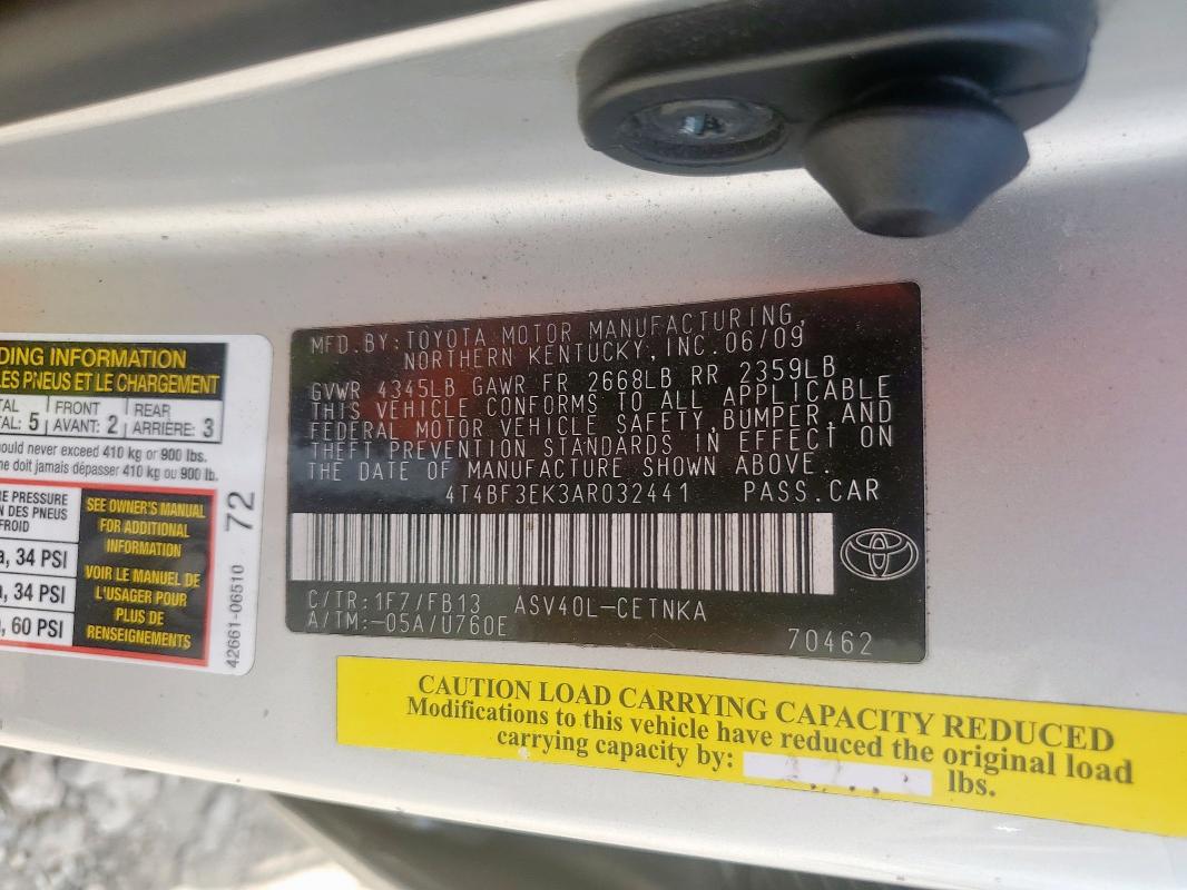 4T4BF3EK3AR032441 - 2010 TOYOTA CAMRY BASE Արծաթագույն լուսանկար 12