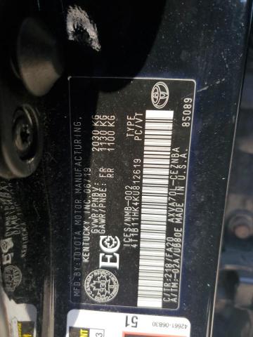 4T1B11HK4KU812619 - 2019 TOYOTA CAMRY L 黑色 照片 12