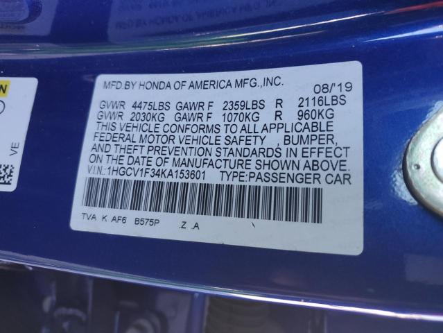 1HGCV1F34KA153601 - 2019 HONDA ACCORD SPORT BLUE photo 12