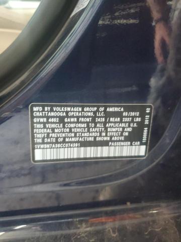 1VWBN7A38CC074391 - 2012 VOLKSWAGEN PASSAT SE BLUE photo 12