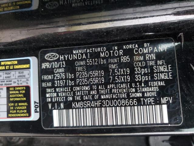 KM8SR4HF3DU008666 - 2013 HYUNDAI SANTA FE LIMITED BLACK photo 13