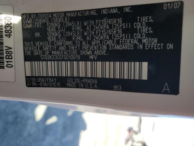 5TDZK23C07S010019 - 2007 TOYOTA SIENNA CE WHITE photo 13