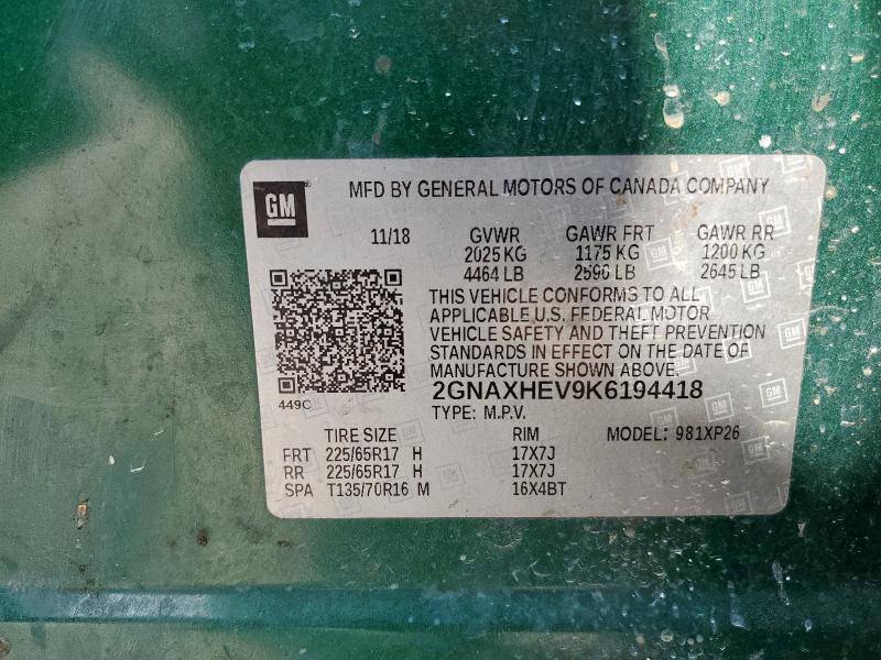 2GNAXHEV9K6194418 - 2019 CHEVROLET EQUINOX LS Жасыл фото 14