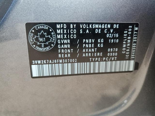 3VW2K7AJ6FM307002 - 2015 VOLKSWAGEN JETTA BASE GRAY photo 12