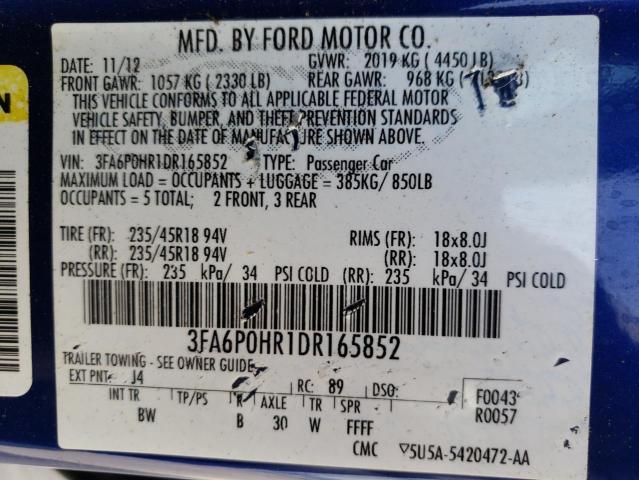 3FA6P0HR1DR165852 - 2013 FORD FUSION SE BLUE photo 12