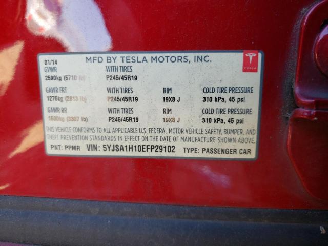 5YJSA1H10EFP29102 - 2014 TESLA MODEL S წითელი ფოტო 12