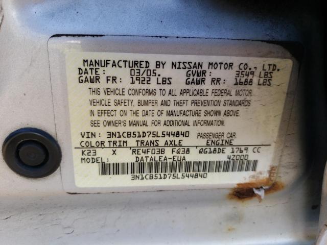 3N1CB51D75L544840 - 2005 NISSAN SENTRA 1.8 SILVER photo 12