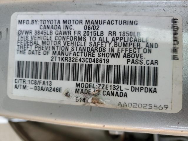 2T1KR32E43C048619 - 2003 TOYOTA COROLLA MA XR SILVER photo 12