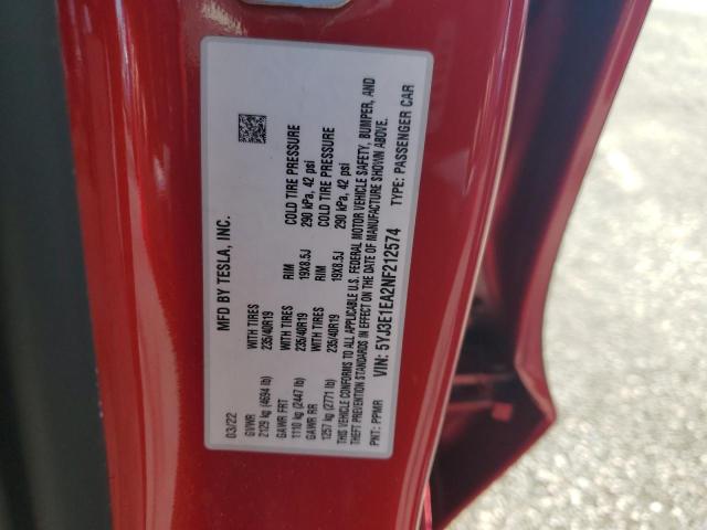 5YJ3E1EA2NF212574 - 2022 TESLA MODEL 3 红色 照片 12