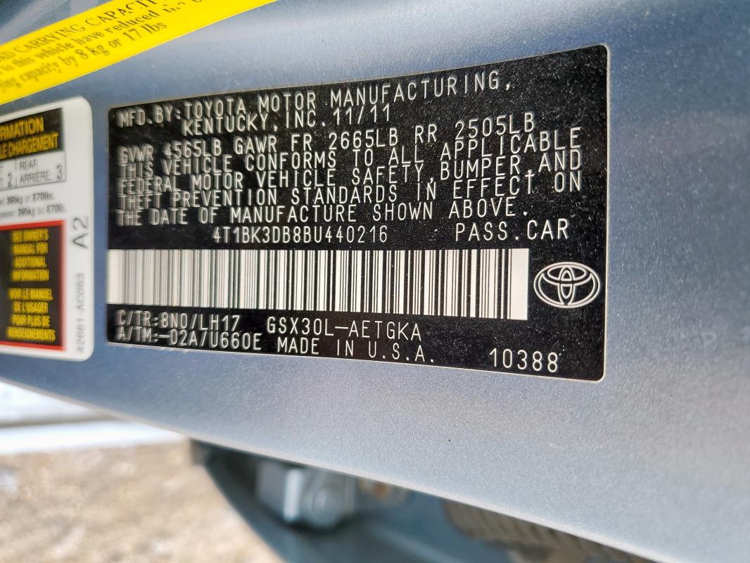 4T1BK3DB8BU440216 - 2011 TOYOTA AVALON BASE Կապույտ լուսանկար 12