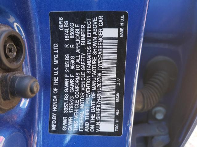 SHHFK7H49HU202769 - 2017 HONDA CIVIC SPORT BLUE photo 13