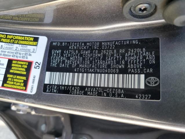 4T1G11AK7NU040069 - 2022 TOYOTA CAMRY SE GRAY photo 12