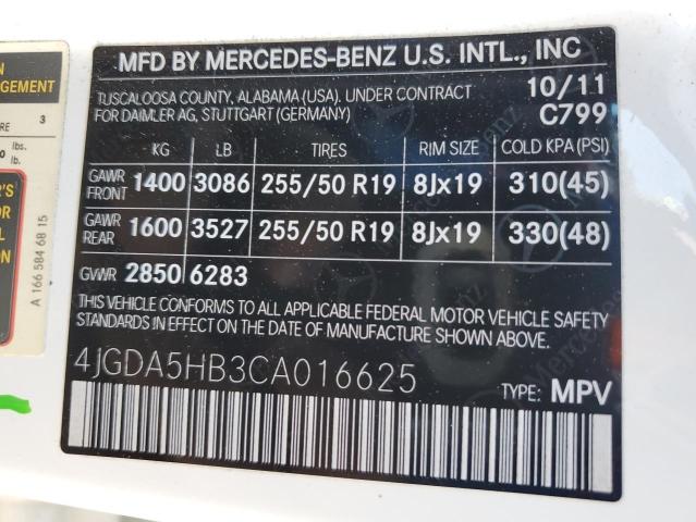 4JGDA5HB3CA016625 - 2012 MERCEDES-BENZ ML 350 4MATIC WHITE photo 13