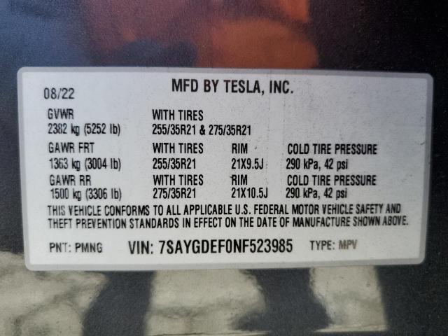 7SAYGDEF0NF523985 - 2022 TESLA MODEL Y GRAY photo 12