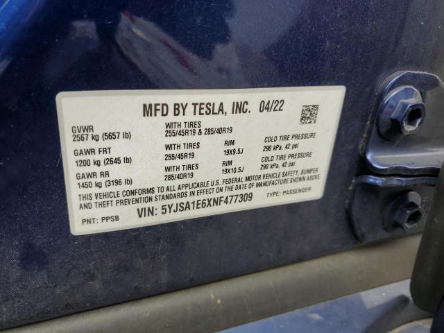 5YJSA1E6XNF477309 - 2022 TESLA MODEL S Կապույտ լուսանկար 12