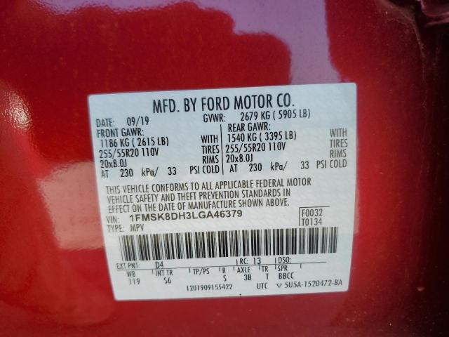 1FMSK8DH3LGA46379 - 2020 FORD EXPLORER XLT RED photo 14