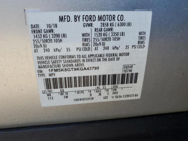 1FM5K8GT9KGA43790 - 2019 FORD EXPLORER SPORT SILVER photo 12