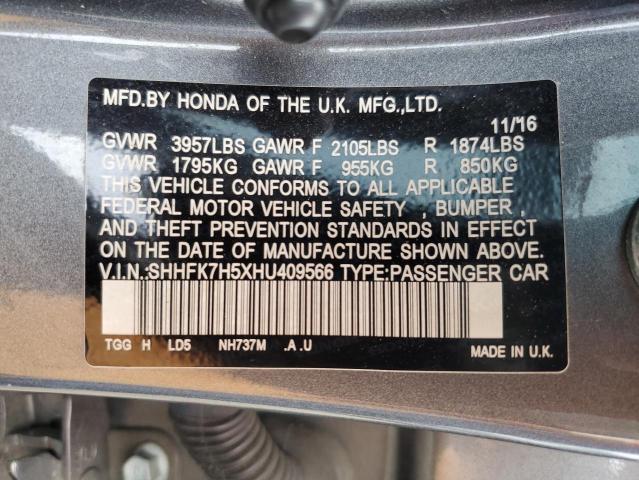 SHHFK7H5XHU409566 - 2017 HONDA CIVIC EX GRAY photo 12