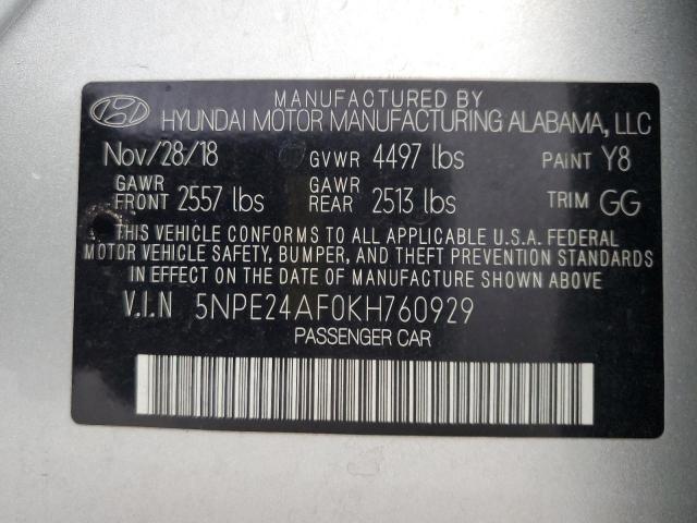 5NPE24AF0KH760929 - 2019 HYUNDAI SONATA SE SILVER photo 12
