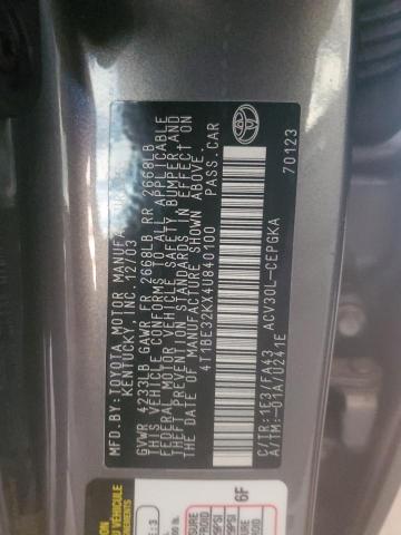4T1BE32KX4U840100 - 2004 TOYOTA CAMRY LE CHARCOAL photo 13