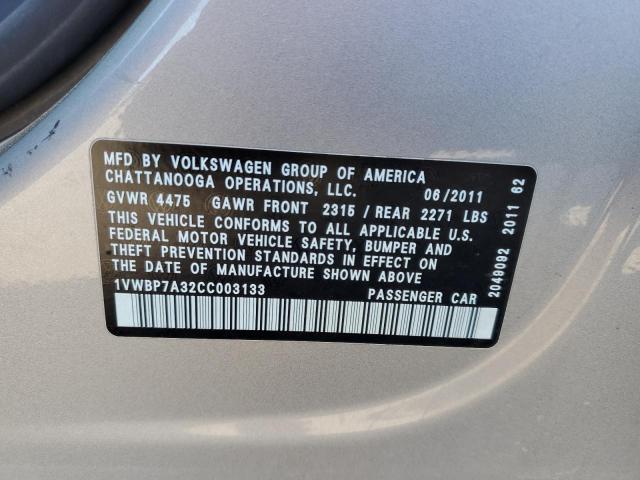 1VWBP7A32CC003133 - 2012 VOLKSWAGEN PASSAT SE ვერცხლისფერი ფოტო 13