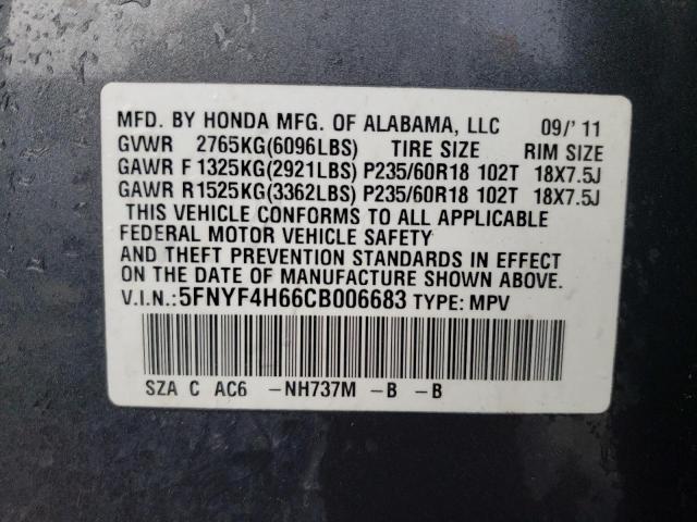 5FNYF4H66CB006683 - 2012 HONDA PILOT EXL GRAY photo 14