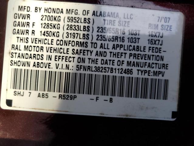 5FNRL38257B112486 - 2007 HONDA ODYSSEY LX BURGUNDY photo 13