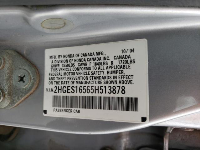 2HGES16565H513878 - 2005 HONDA CIVIC LX SILVER photo 12