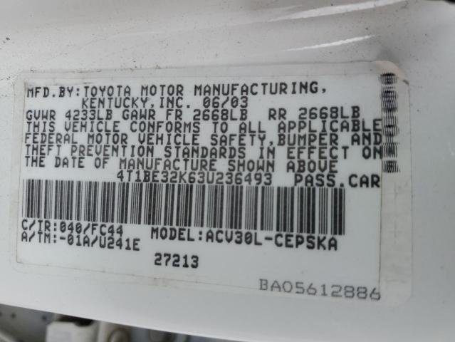 4T1BE32K63U236493 - 2003 TOYOTA CAMRY LE WHITE photo 13