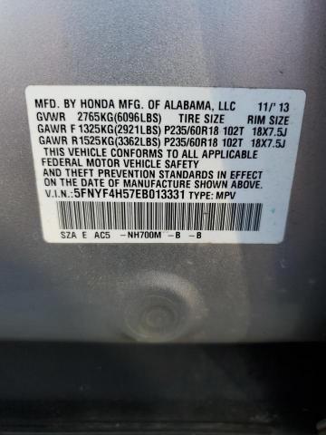 5FNYF4H57EB013331 - 2014 HONDA PILOT EXL SILVER photo 13
