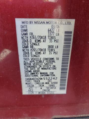 1N6BA07A26N552242 - 2006 NISSAN TITAN XE برغندي صورة 12