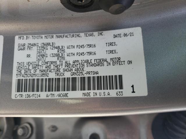 5TFAZ5CN2MX110592 - 2021 TOYOTA TACOMA DOUBLE CAB Արծաթագույն լուսանկար 12