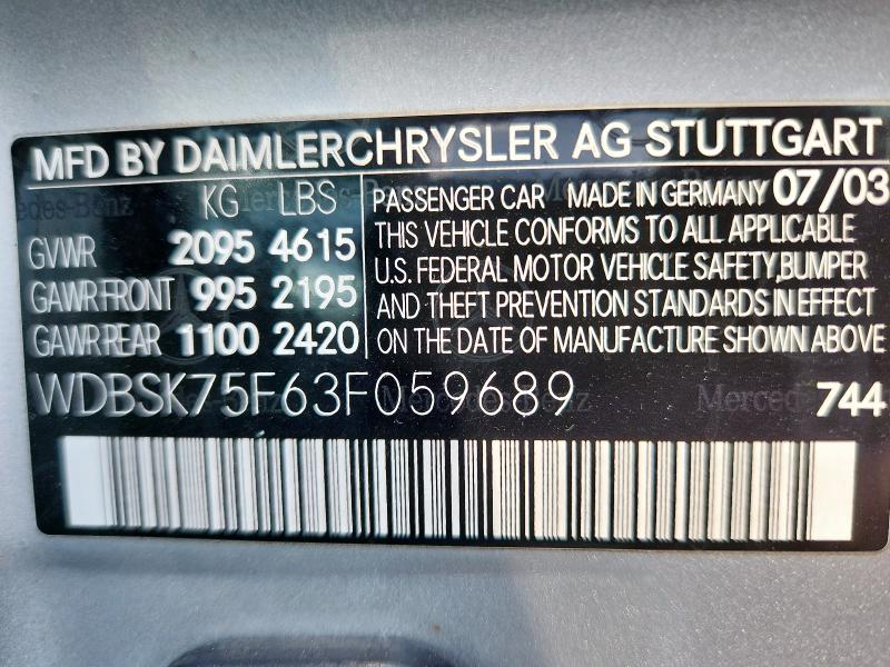 WDBSK75F63F059689 - 2003 MERCEDES-BENZ SL 500R SILVER photo 12