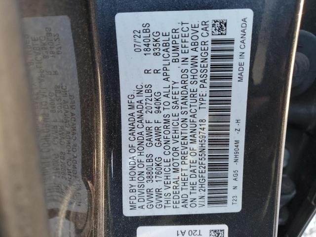 2HGFE2F55NH597418 - 2022 HONDA CIVIC SPORT GRAY photo 12