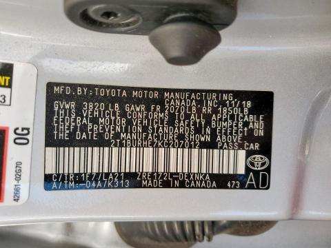 2T1BURHE7KC207012 - 2019 TOYOTA COROLLA L SILVER photo 12