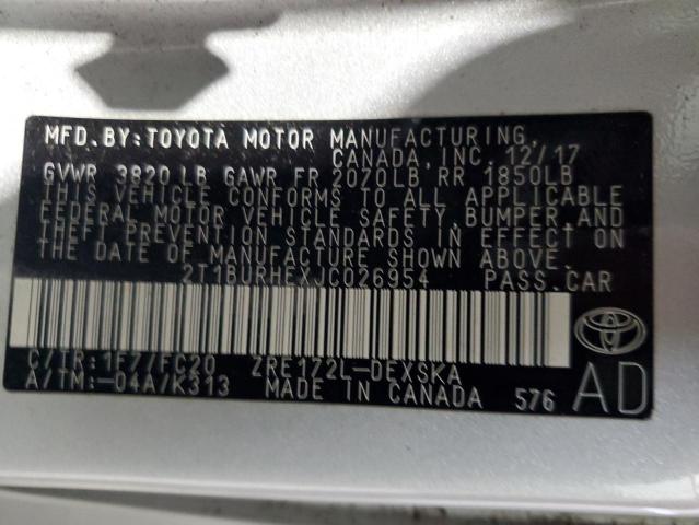 2T1BURHEXJC026954 - 2018 TOYOTA COROLLA L Gümüş fotoğraf 12