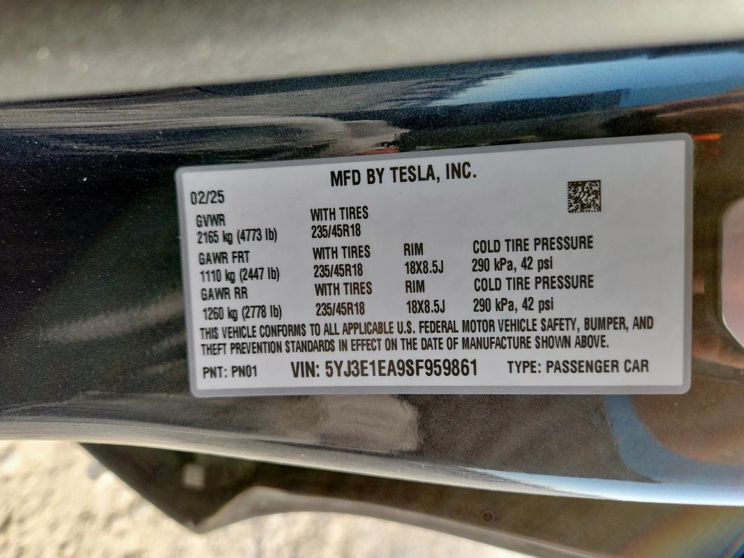 5YJ3E1EA9SF959861 - 2025 TESLA MODEL 3 GRAY photo 13