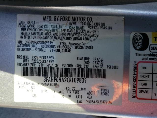 3FAHP0HA2CR109839 - 2012 FORD FUSION SE SILVER photo 12