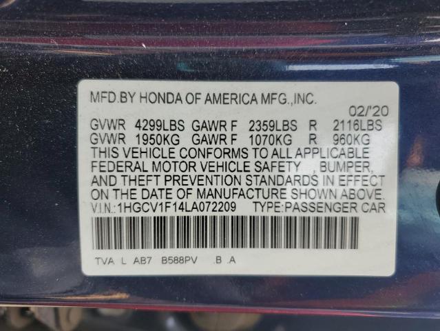 1HGCV1F14LA072209 - 2020 HONDA ACCORD LX Mavi foto 12