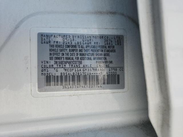 3N1AB7AP4KY237766 - 2019 NISSAN SENTRA S WHITE photo 13