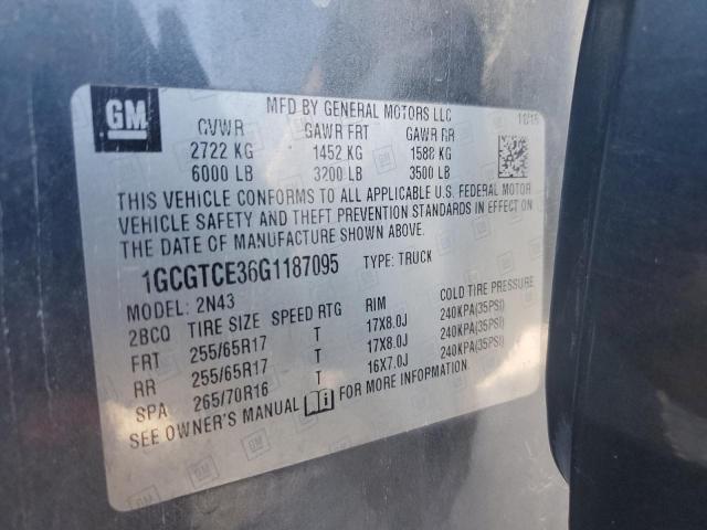 1GCGTCE36G1187095 - 2016 CHEVROLET COLORADO LT GRAY photo 12