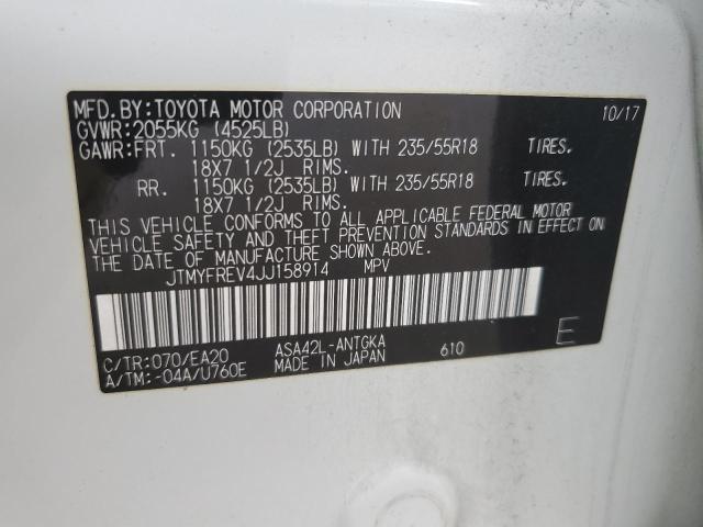 JTMYFREV4JJ158914 - 2018 TOYOTA RAV4 LIMITED WHITE photo 14