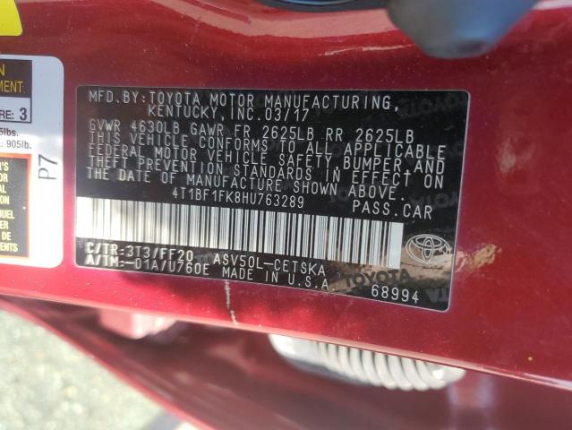 4T1BF1FK8HU763289 - 2017 TOYOTA CAMRY SE LE 红色 照片 12