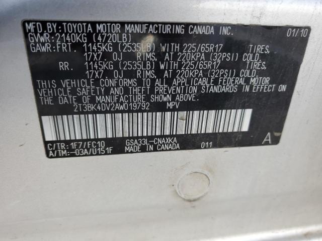 2T3BK4DV2AW019792 - 2010 TOYOTA RAV4 SILVER photo 14