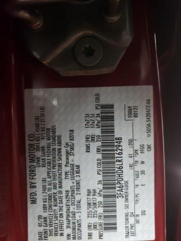 3FA6P0HD6LR162948 - 2020 FORD FUSION SE RED photo 12