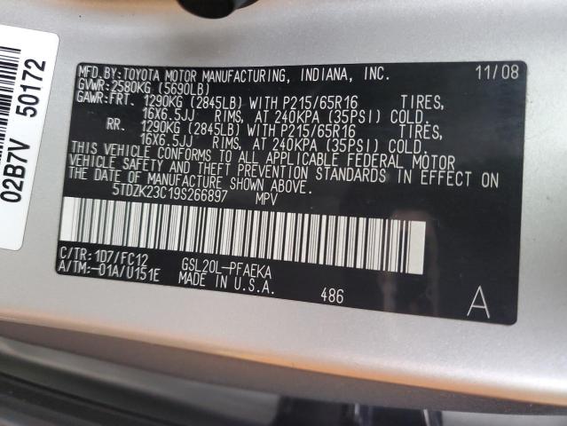 5TDZK23C19S266897 - 2009 TOYOTA SIENNA CE SILVER photo 12